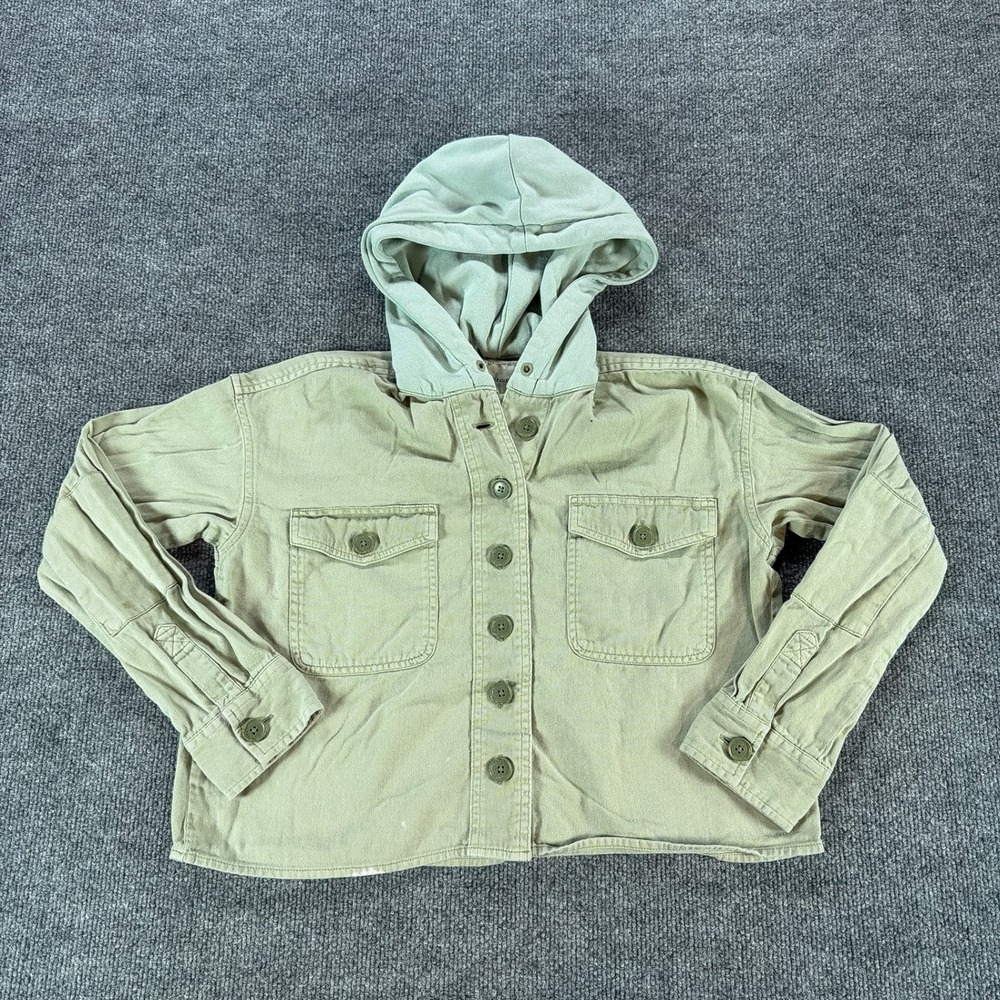 American Eagle Hooded Utility Jacket Womens XS Green Khaki Cropped Button Front